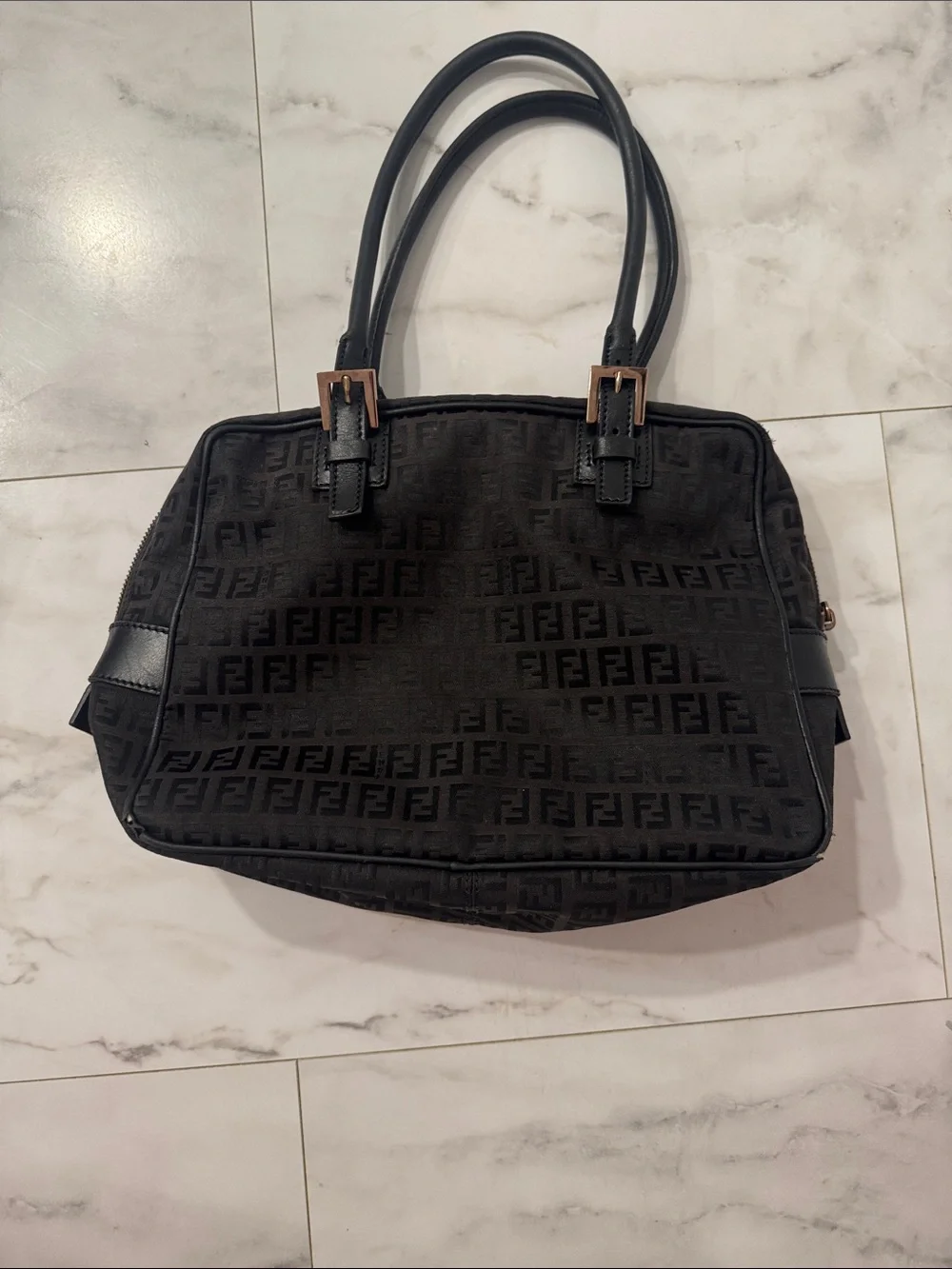 Fendi Black Zucca Shoulder Bag with Leather Trim Vintage